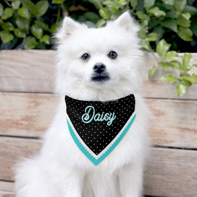Turquoise Black Polka Dot Girly Add Name Pet Bandana Collar (Dog)