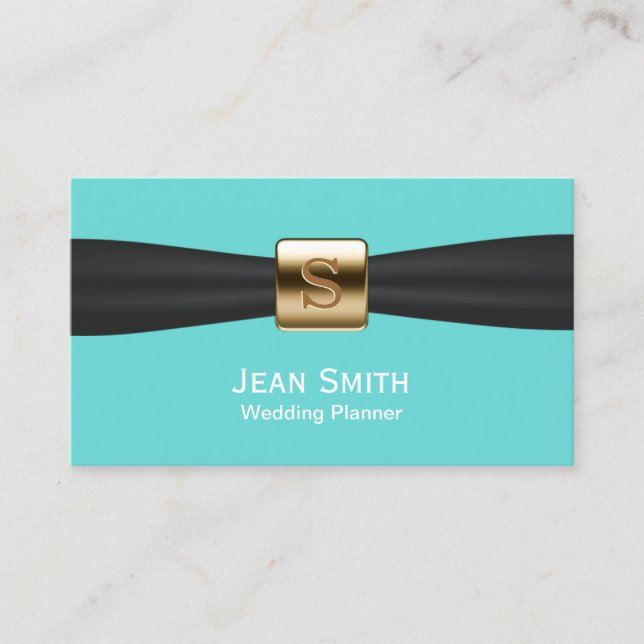 Turquoise Black Ribbon Wedding Event Planning Business Card (Front)