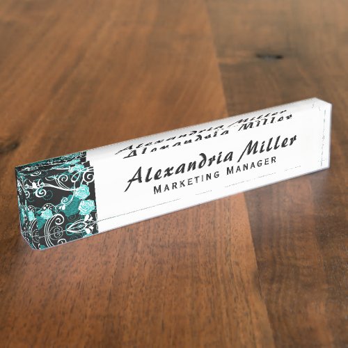 Turquoise  Black Roses  Simple Modern Script Desk Name Plate