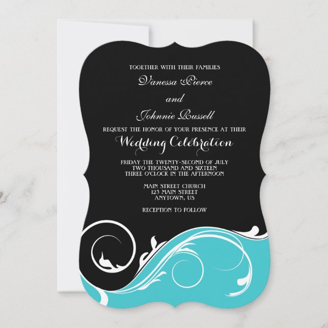 Turquoise Black Swirl Bracket Wedding Invites (Front)
