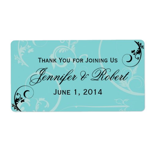 Turquoise Black Swirl Flourish Water Bottle Label