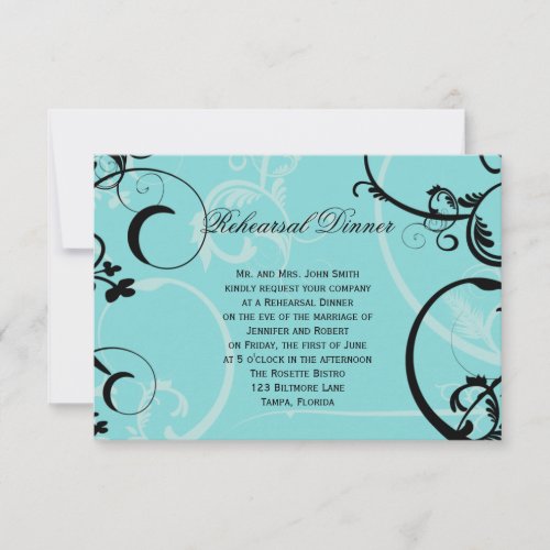 Turquoise Black Swirl Wedding Rehearsal Dinner Announcements