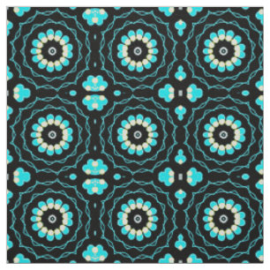 Turquoise & Black Trendy Floral Geometric Pattern Fabric