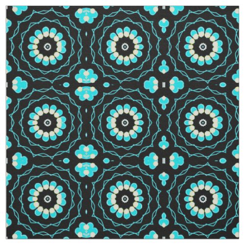 Turquoise  Black Trendy Floral Geometric Pattern Fabric