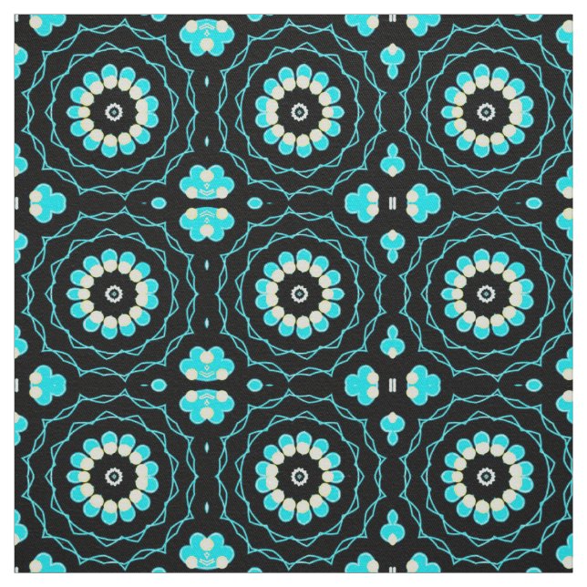 Turquoise & Black Trendy Floral Geometric Pattern Fabric (Swatch)