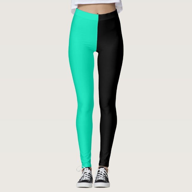 Turquoise Black Two Tone Split Half Design Leggings (Front)