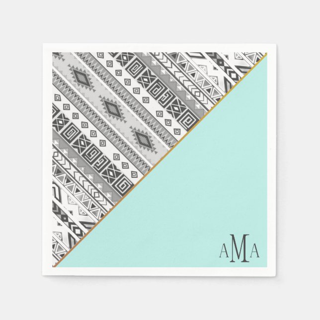 Turquoise Black White Aztec Tribal Monogram Napkins (Front)