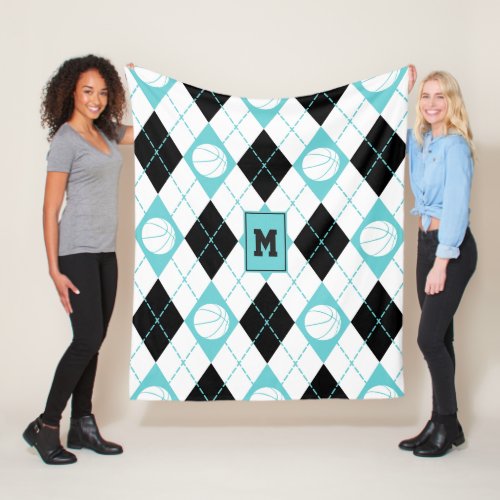 turquoise black white basketball themed argyle fleece blanket