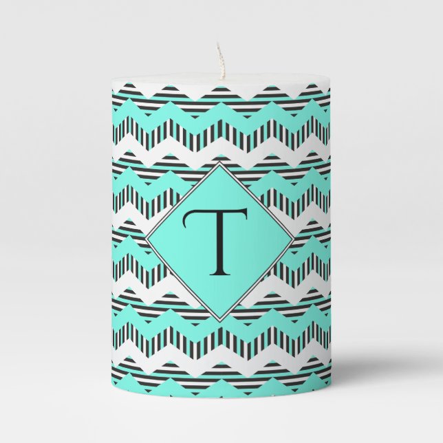 Turquoise, Black & White Chevron, Custom Monogram Pillar Candle (Front)