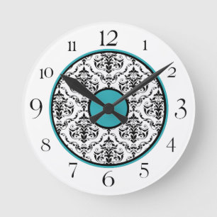 Turquoise Black & White Damask Elegant Round Clock