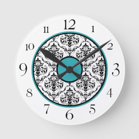 Turquoise Black & White Damask Elegant Round Clock