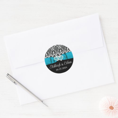 Turquoise Black White Damask Love Hearts Wedding Classic Round Sticker