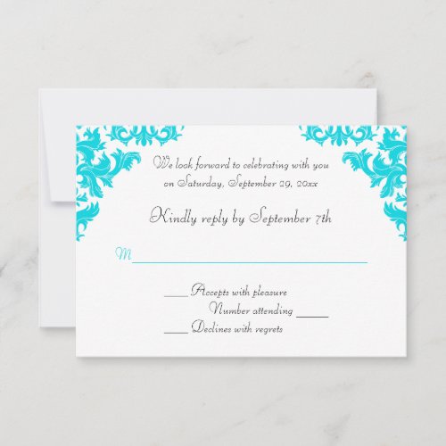 Turquoise Black White Damask RSVP Card