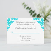 Turquoise, Black, White Damask RSVP Card (Standing Front)