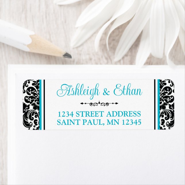 Turquoise, Black White Damask Wedding Address Label (Insitu)