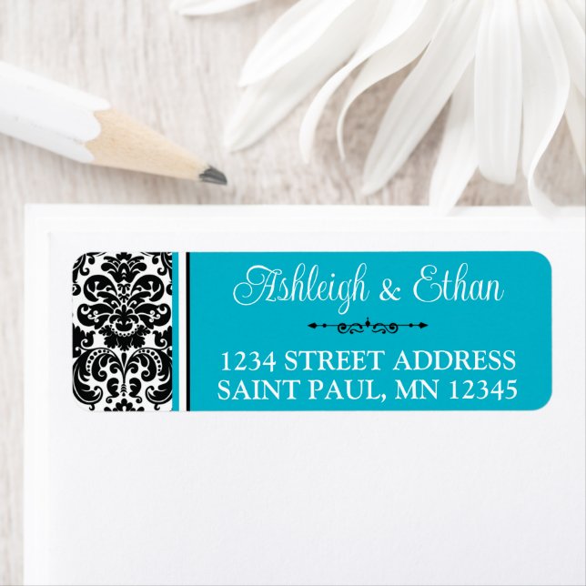 Turquoise, Black White Damask Wedding Address Label (Insitu)