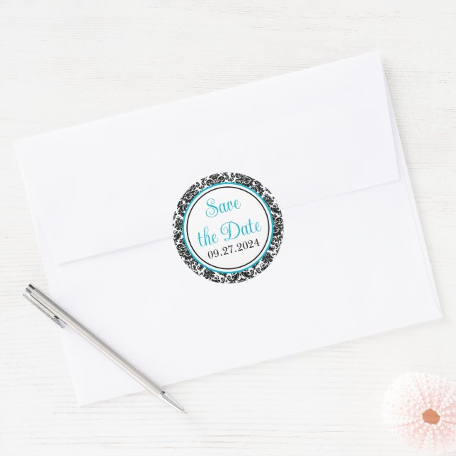 Turquoise, Black, White Damask Wedding Classic Round Sticker (Envelope)