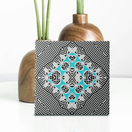 Turquoise Black White Geometric Dynamic Lines  Ceramic Tile