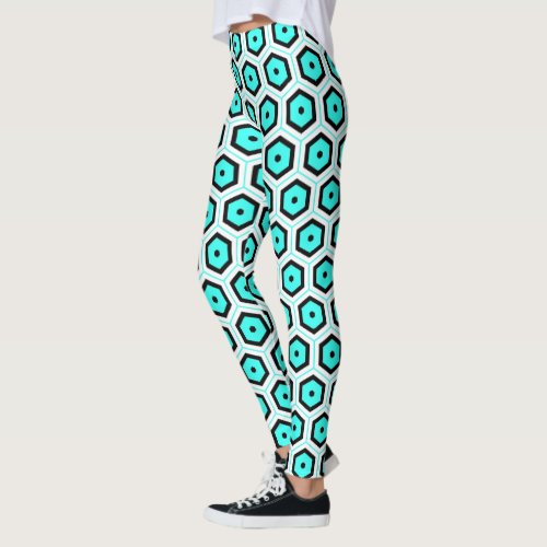 Turquoise Black White Honeycomb Geometric Pattern Leggings