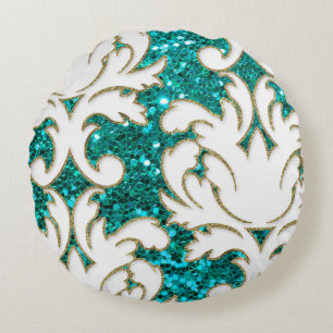 Turquoise Bling Damask Round Pillow