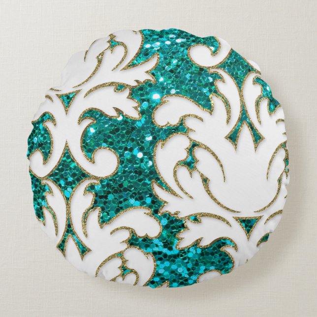 Turquoise Bling Damask Round Pillow (Front)