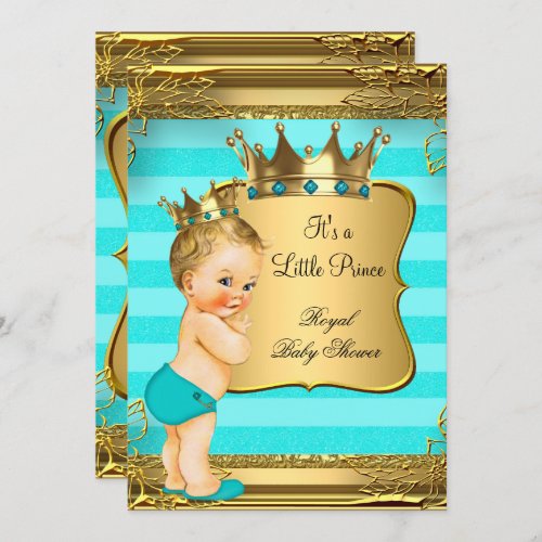 Turquoise Blonde Baby Shower Prince Baby Boy Invitation