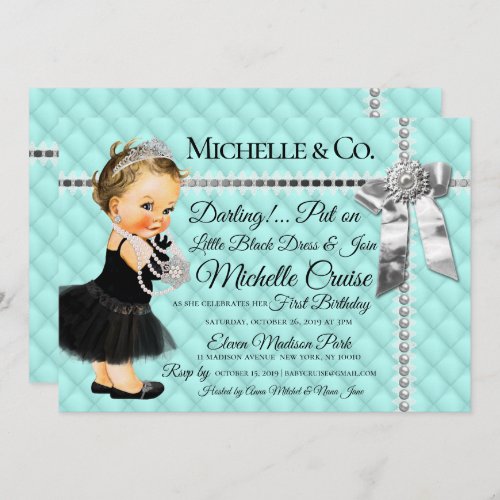 Turquoise Blue 1st Vintage Silver Ribbon Pearls Invitation