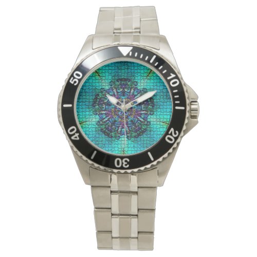 TURQUOISE BLUE ABSTRACT FRACTAL MOSAIC WATCH