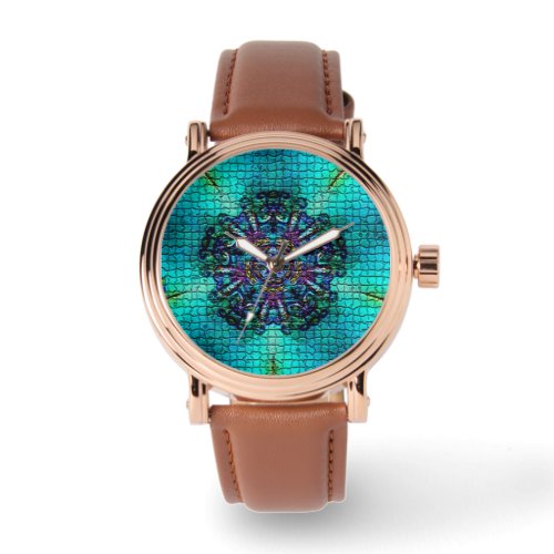 TURQUOISE BLUE ABSTRACT FRACTAL MOSAIC WATCH