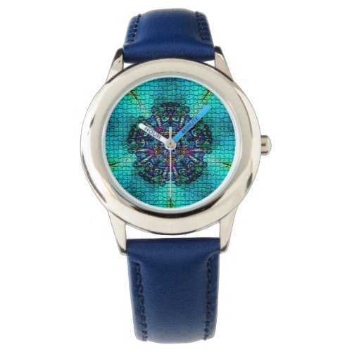 TURQUOISE BLUE ABSTRACT FRACTAL MOSAIC WATCH