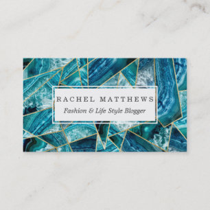 Turquoise Blue Agate Black Gold Geometric Triangle Business Card