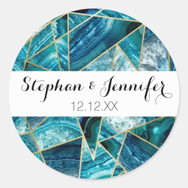 Turquoise Blue Agate Black Gold Geometric Triangle Classic Round Sticker (Front)