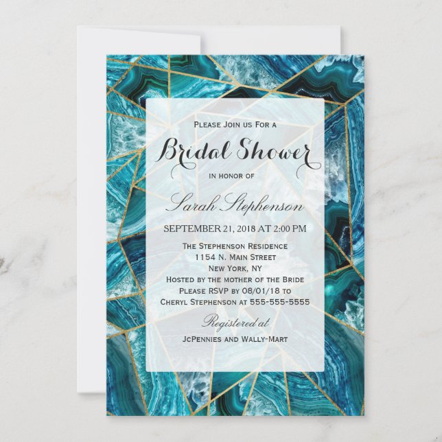 Turquoise Blue Agate Black Gold Geometric Triangle Invitation (Front)