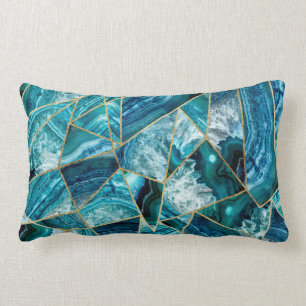 Turquoise Blue Agate Black Gold Geometric Triangle Lumbar Pillow