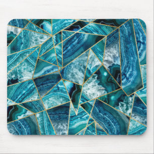 Turquoise Blue Agate Black Gold Geometric Triangle Mouse Pad