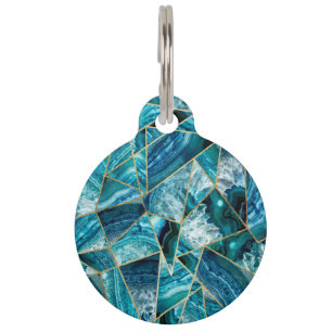 Turquoise Blue Agate Black Gold Geometric Triangle Pet Name Tag