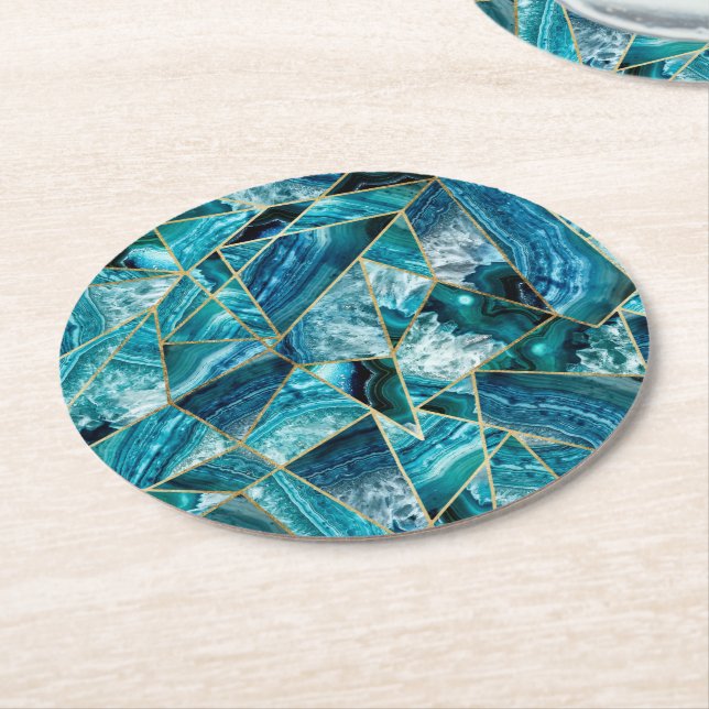 Turquoise Blue Agate Black Gold Geometric Triangle Round Paper Coaster (Angled)
