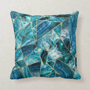 Turquoise Blue Agate Black Gold Geometric Triangle Throw Pillow
