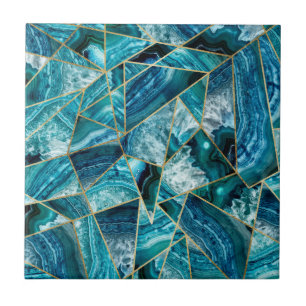 Turquoise Blue Agate Black Gold Geometric Triangle Tile