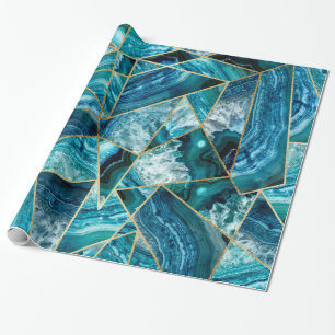 Turquoise Blue Agate Black Gold Geometric Triangle Wrapping Paper