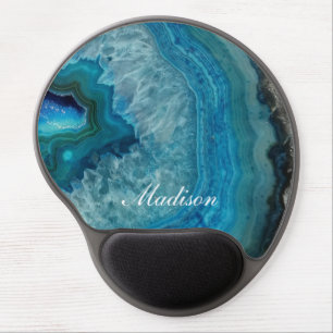 Turquoise Blue Agate Geode Monogram Name Gel Mouse Pad