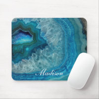 Turquoise Blue Agate Geode Monogram Name Mouse Pad