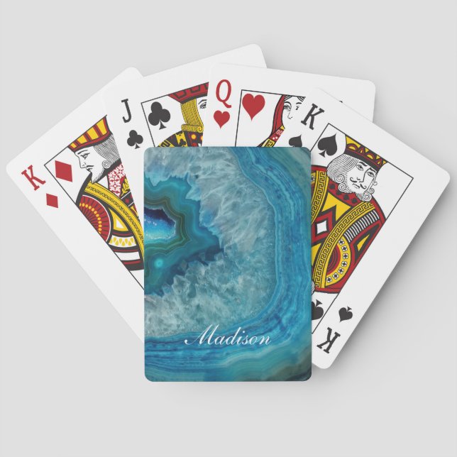 Turquoise Blue Agate Geode Monogram  Name Poker Cards (Back)