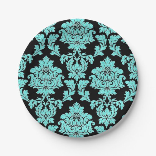 Turquoise blue and black floral damask paper plate