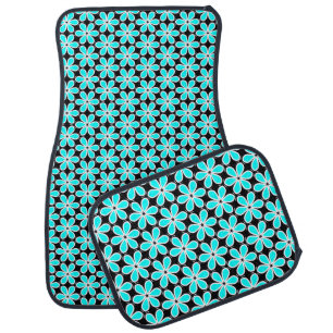 Turquoise Blue and Black Floral Pattern Car Floor Mat