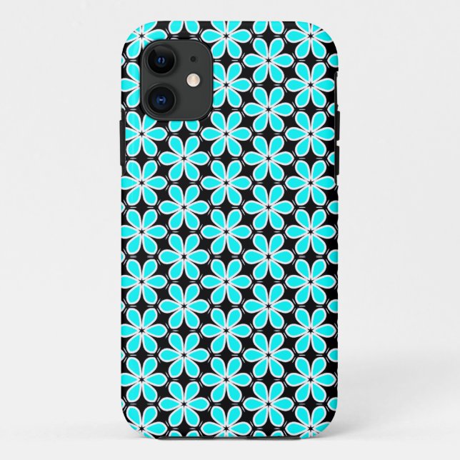 Turquoise Blue and Black Floral Pattern  Case-Mate iPhone Case (Back)