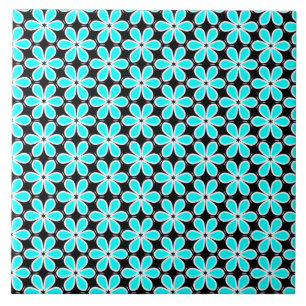 Turquoise Blue and Black Floral Pattern Ceramic Tile