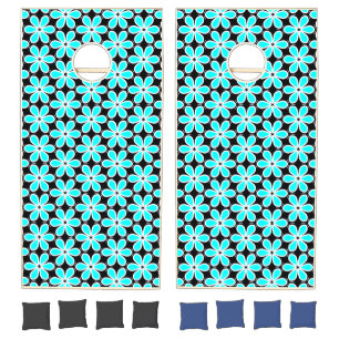 Turquoise Blue and Black Floral Pattern Cornhole Set