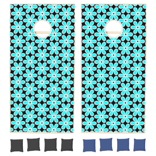 Turquoise Blue and Black Floral Pattern Cornhole Set (Set)