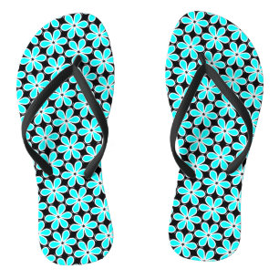 Turquoise Blue and Black Floral Pattern Flip Flops